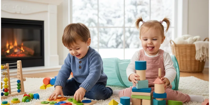 子供たちが知育玩具で楽しそうに遊んでいる様子。笑顔で真剣に取り組んでいる様子を写す。